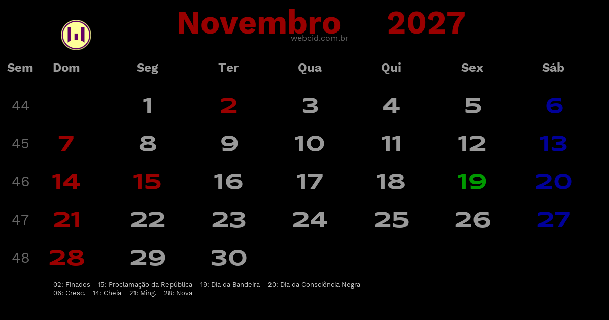 Calendário 2027 - Novembro - Brasil com feriados e fases da lua