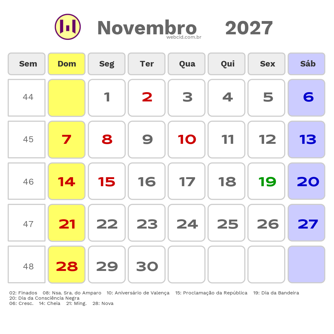 Calendário 2027 - Novembro - Valença-BA com feriados e fases da lua