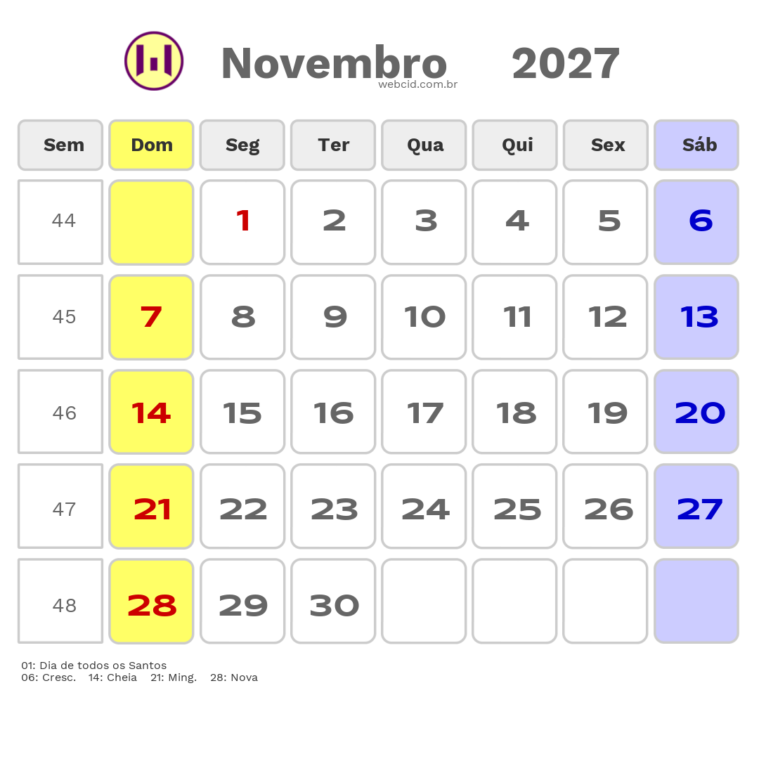 Calendário 2027 - Novembro - Cabo Verde com feriados e fases da lua