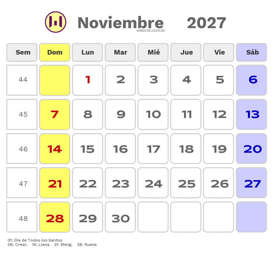 Calendario 2027 - Noviembre - Chile com feriados e fases da lua