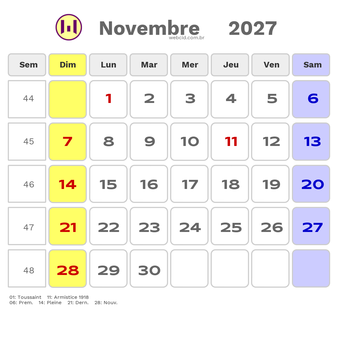 Calendrier 2027 - Novembre - La France com feriados e fases da lua