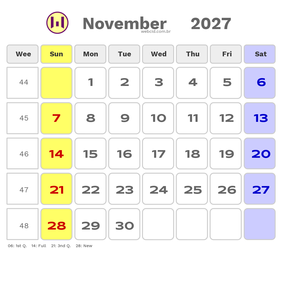 Calendar 2027 - November - Inglaterra com feriados e fases da lua