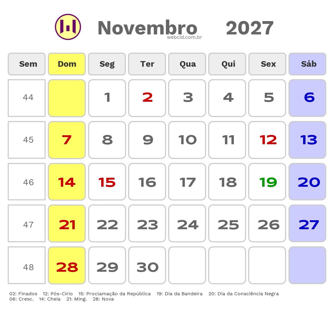 Calendário 2027 - Novembro - Bragança-PA com feriados e fases da lua