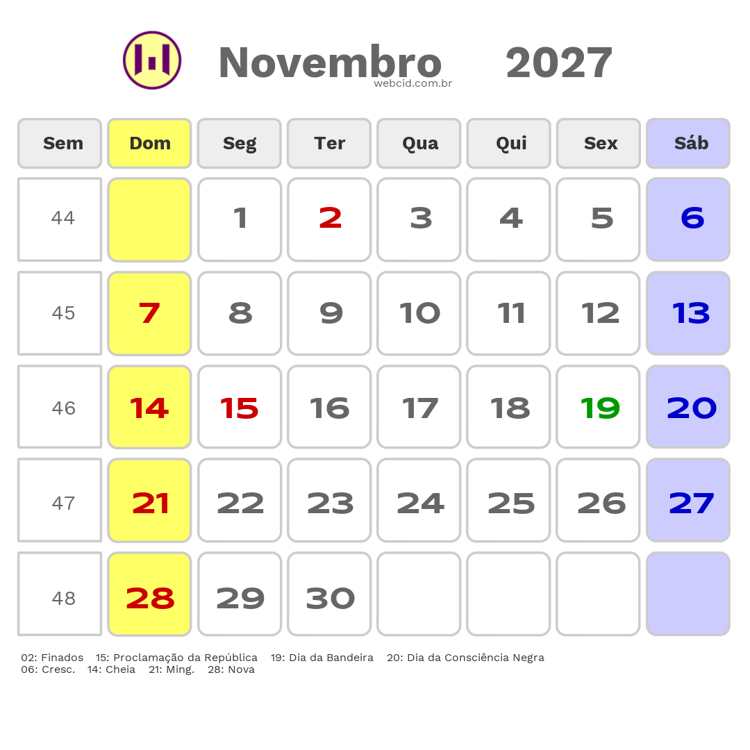 Calendário 2027 - Novembro - Jacarau-PB com feriados e fases da lua