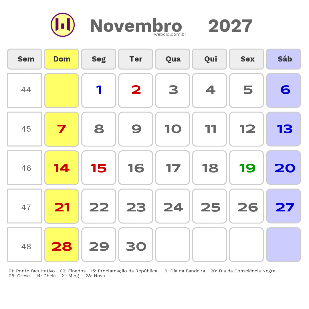 Calendário 2027 - Novembro - Curitiba-PR com feriados e fases da lua