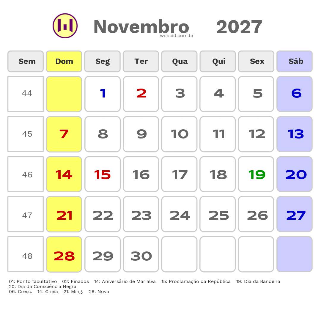 Calendário 2027 - Novembro - Marialva-PR com feriados e fases da lua
