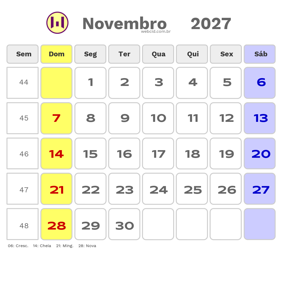 Calendário 2027 - Novembro - Portugal com feriados e fases da lua