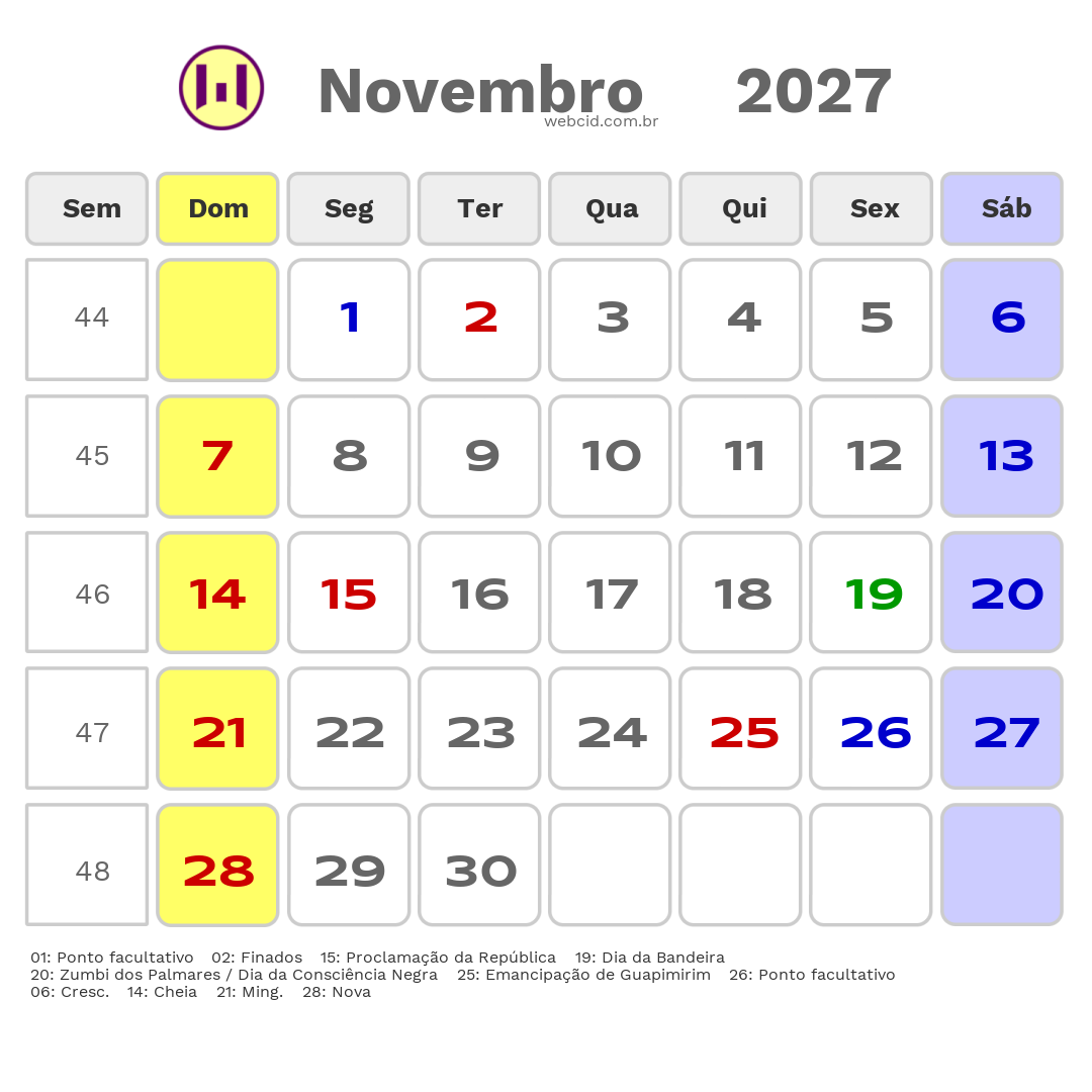 Calendário 2027 - Novembro - Guapimirim-RJ com feriados e fases da lua