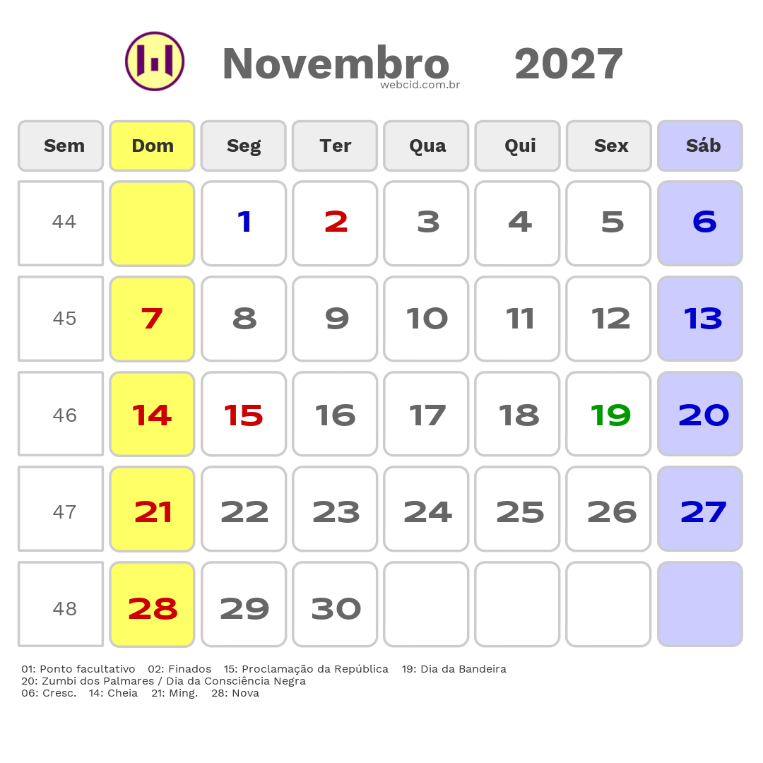 Calendário 2027 - Novembro - Resende-RJ com feriados e fases da lua