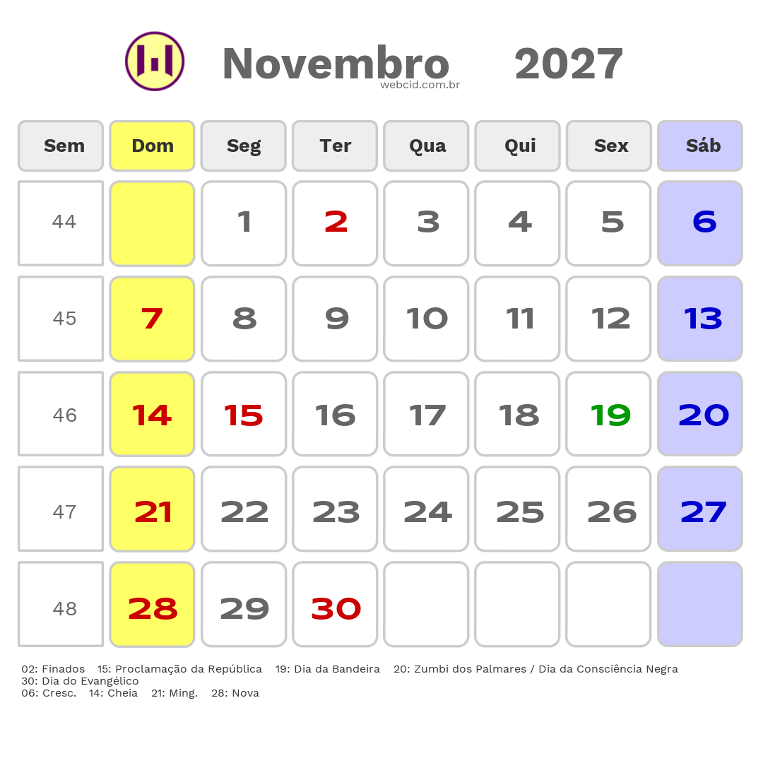 Calendário 2027 - Novembro - São Francisco de Itabapoana-RJ com feriados e fases da lua