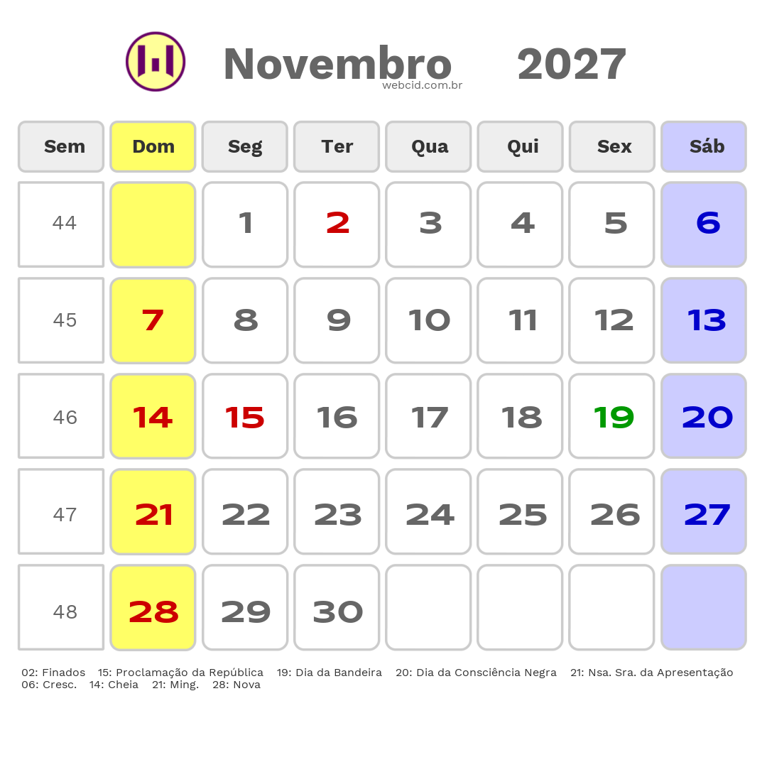 Calendário 2027 - Novembro - Natal-RN com feriados e fases da lua