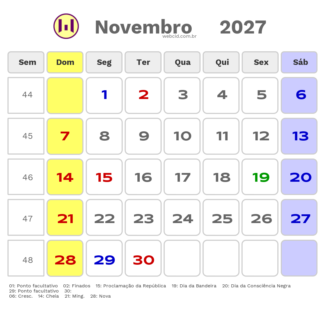 Calendário 2027 - Novembro - Arandu-SP com feriados e fases da lua