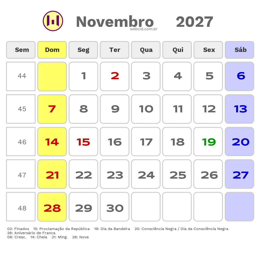 Calendário 2027 - Novembro - Franca-SP com feriados e fases da lua
