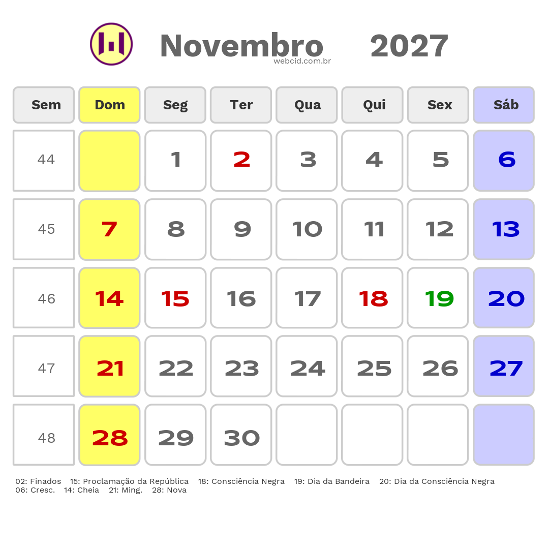 Calendário 2027 - Novembro - Hortolândia-SP com feriados e fases da lua