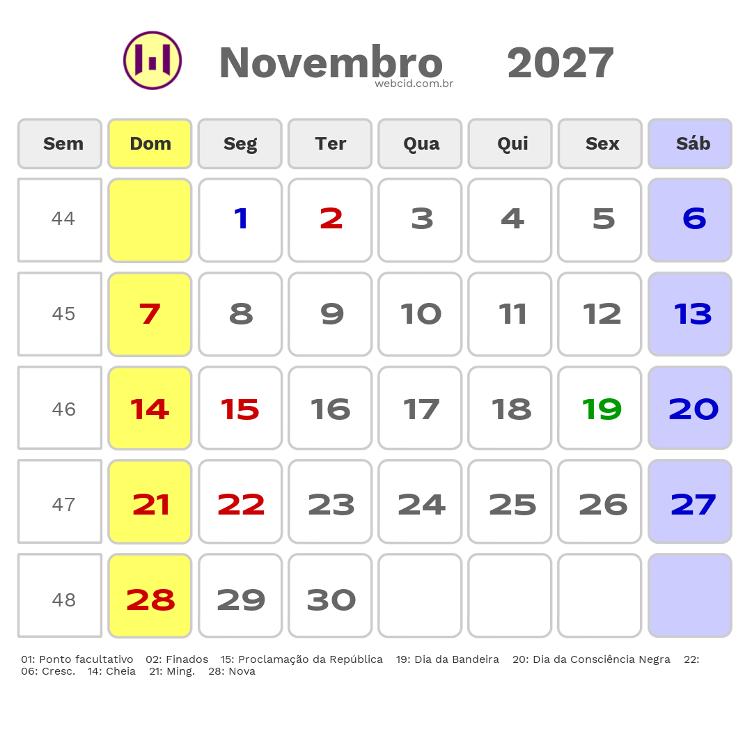 Calendário 2027 - Novembro - Monte Castelo-SP com feriados e fases da lua