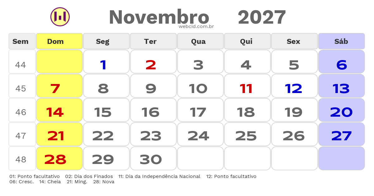 Calendário 2027 - Novembro - Angola com feriados e fases da lua