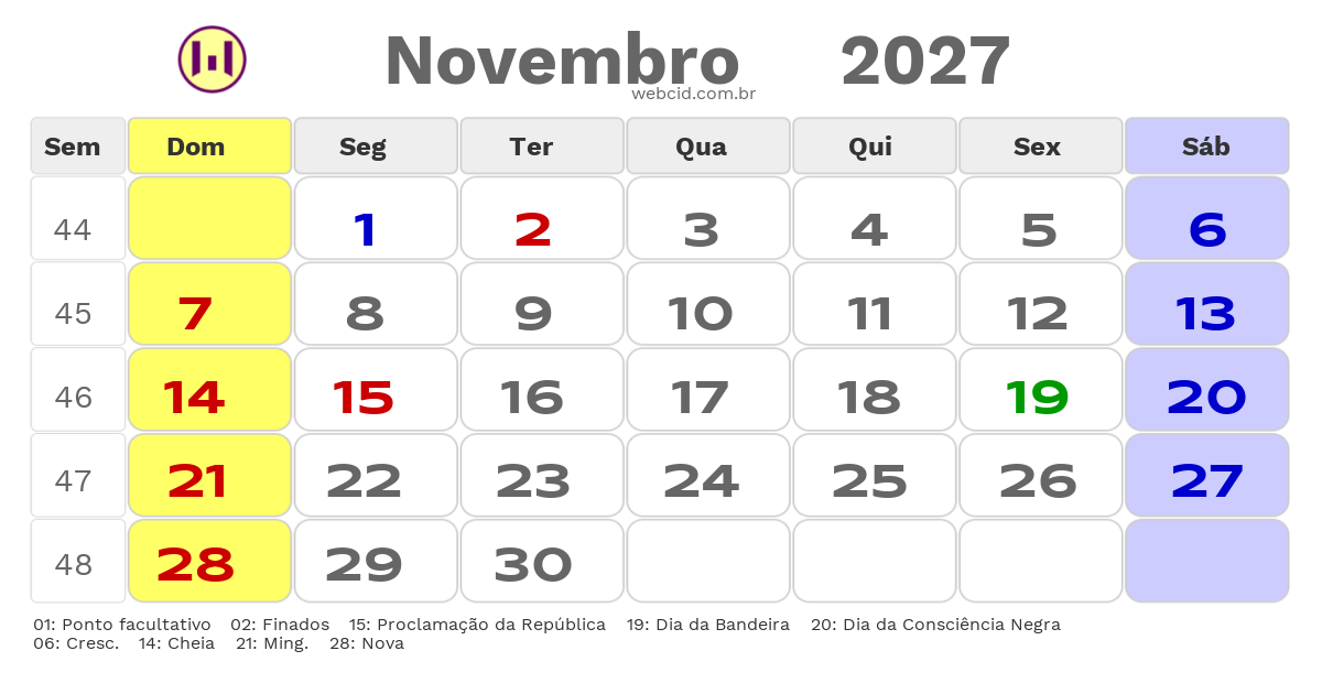 Calendário 2027 - Novembro - Lauro de Freitas-BA com feriados e fases da lua