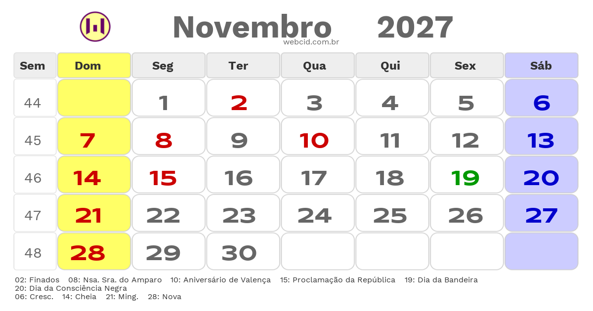 Calendário 2027 - Novembro - Valença-BA com feriados e fases da lua