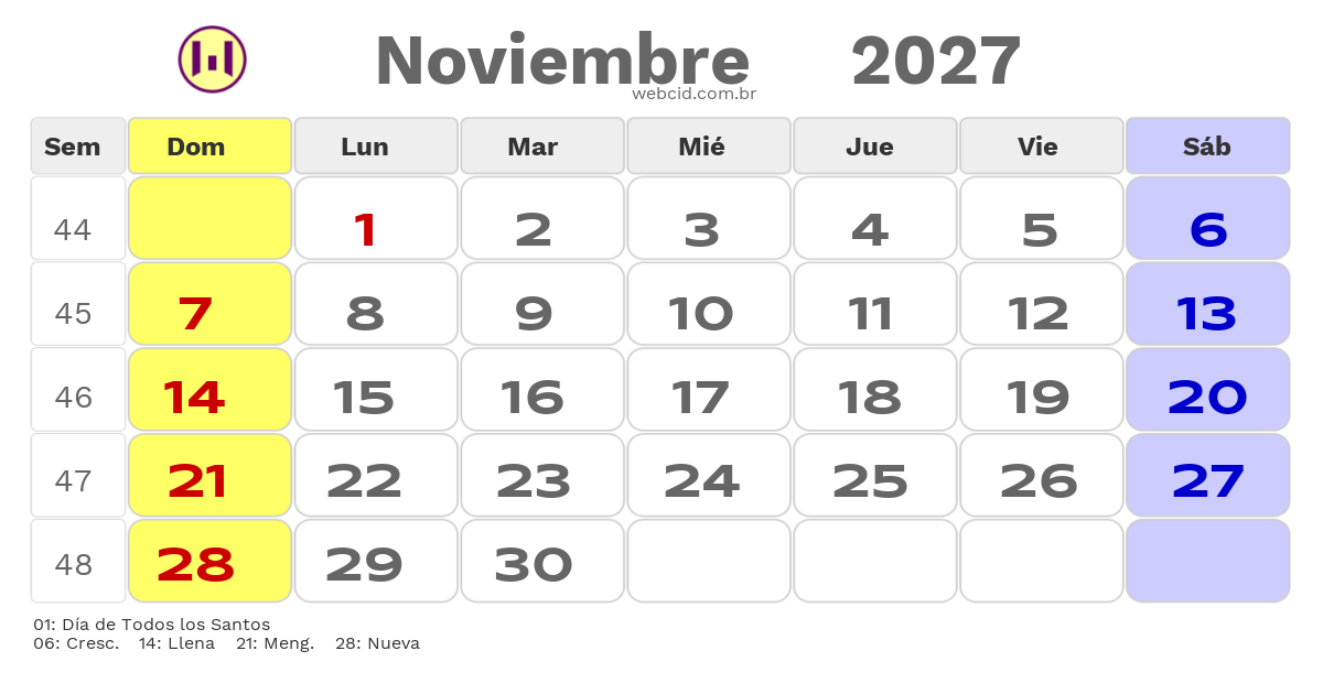 Calendario 2027 - Noviembre - Chile com feriados e fases da lua