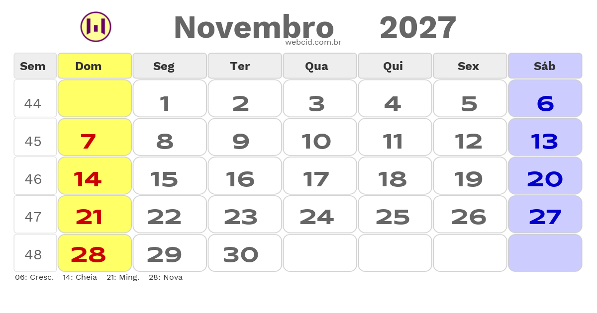 Calendário 2027 - Novembro - Copa do Mundo FIFA com feriados e fases da lua
