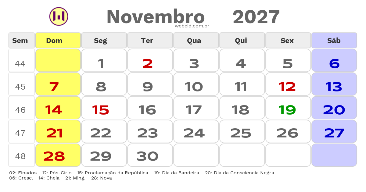 Calendário 2027 - Novembro - Bragança-PA com feriados e fases da lua