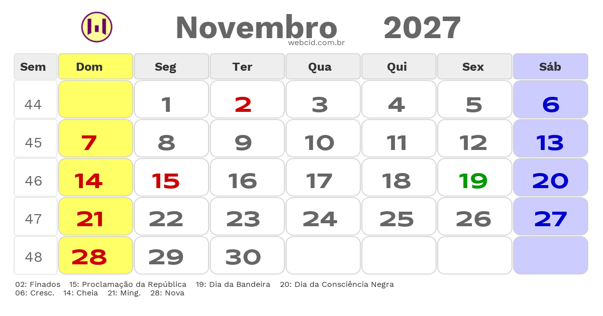 Calendário 2027 - Novembro - Jacarau-PB com feriados e fases da lua