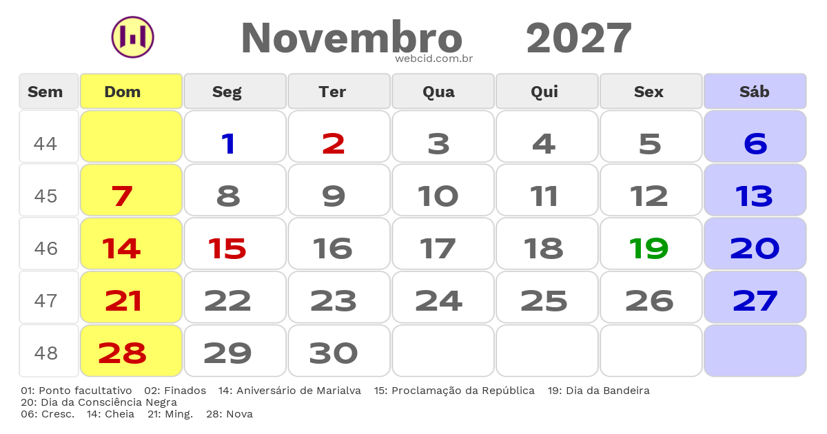 Calendário 2027 - Novembro - Marialva-PR com feriados e fases da lua