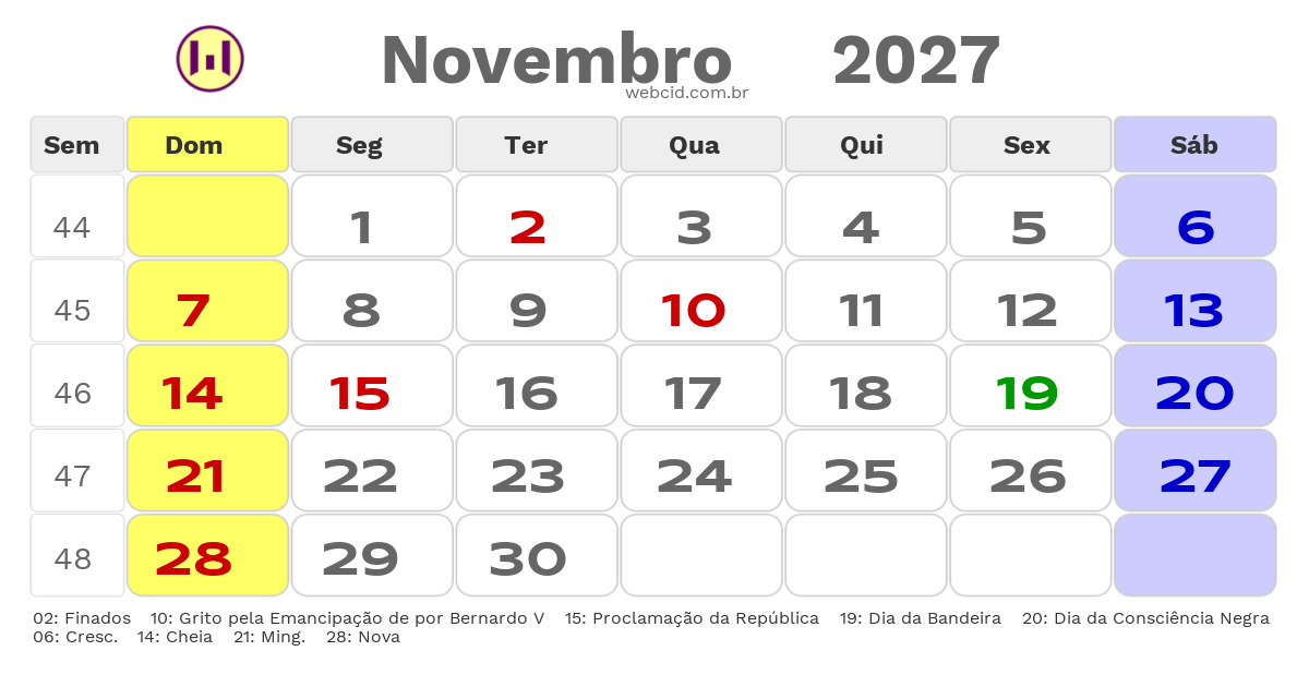 Calendário 2027 - Novembro - Olinda-PE com feriados e fases da lua