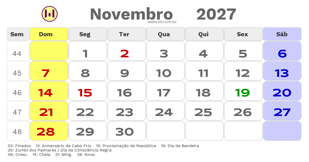 Calendário 2027 - Novembro - Cabo Frio-RJ com feriados e fases da lua
