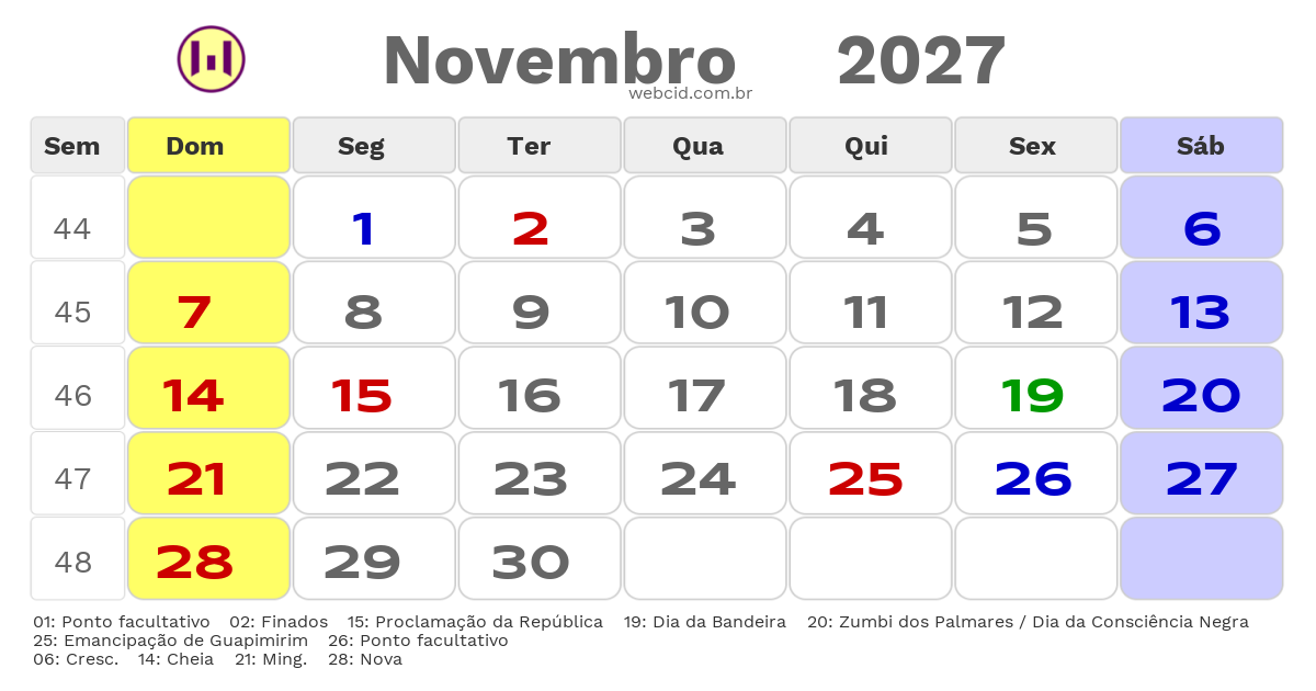 Calendário 2027 - Novembro - Guapimirim-RJ com feriados e fases da lua