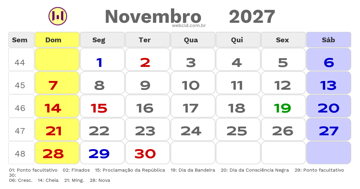 Calendário 2027 - Novembro - Arandu-SP com feriados e fases da lua