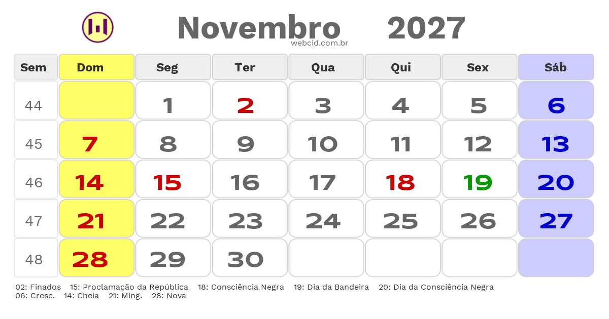 Calendário 2027 - Novembro - Hortolândia-SP com feriados e fases da lua