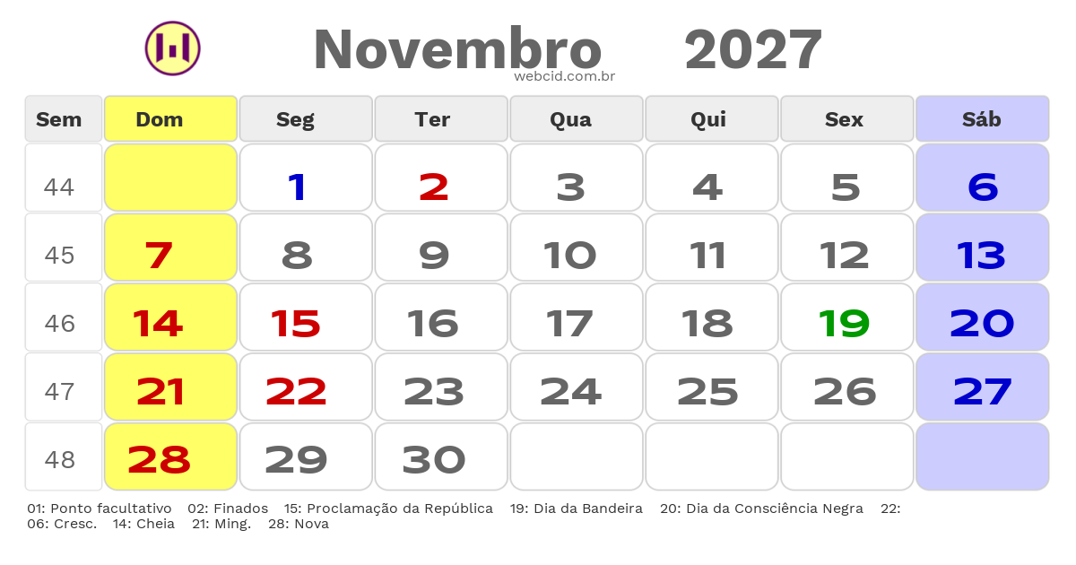 Calendário 2027 - Novembro - Monte Castelo-SP com feriados e fases da lua