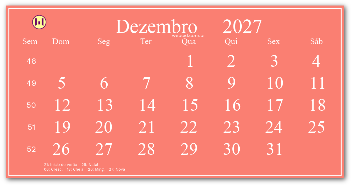 Calendário 2027 - Dezembro - Brasil com feriados e fases da lua