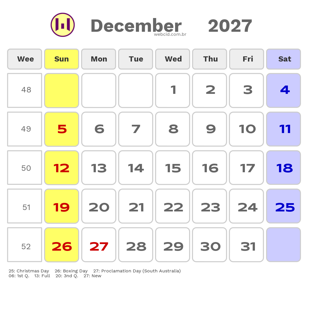 Calendar 2027 - December - Austrália com feriados e fases da lua