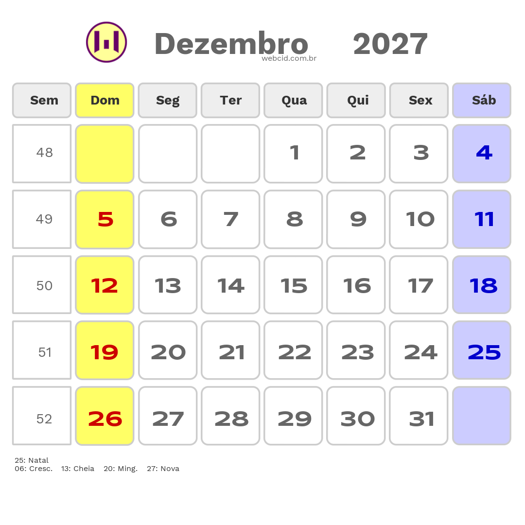 Calendário 2027 - Dezembro - Cabo Verde com feriados e fases da lua