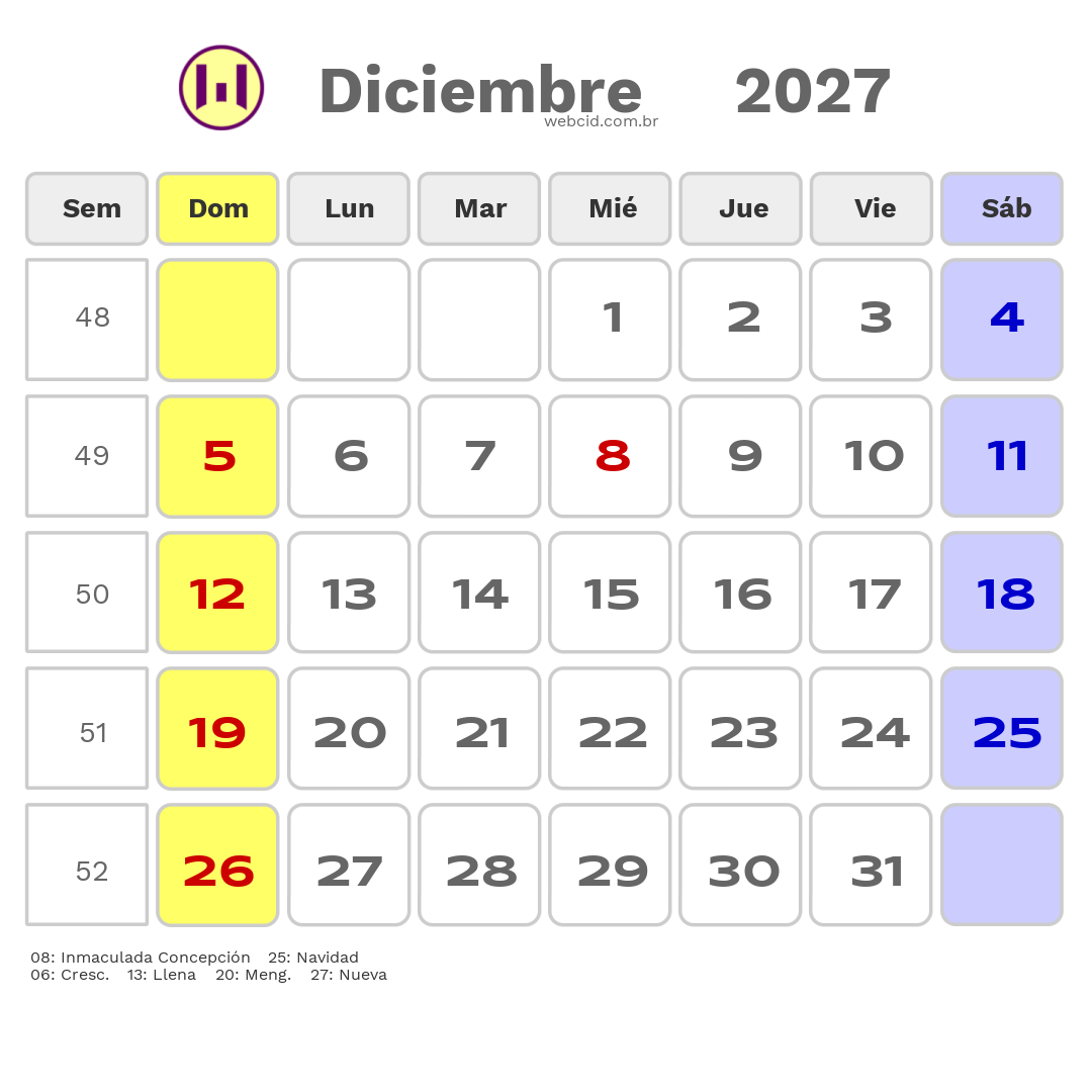 Calendario 2027 - Diciembre - Chile com feriados e fases da lua