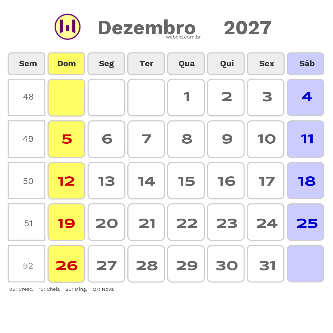 Calendário 2027 - Dezembro - Copa do Mundo FIFA com feriados e fases da lua
