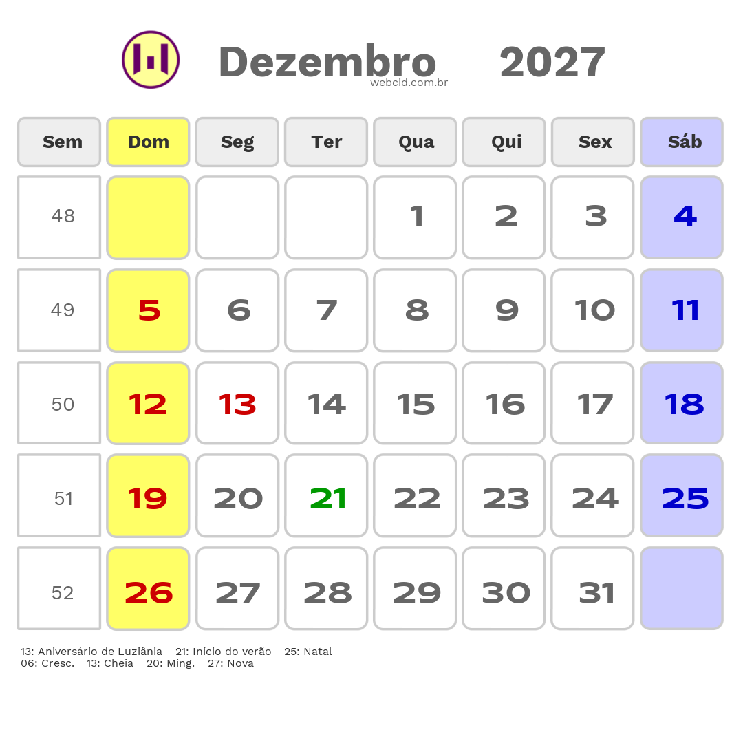 Calendário 2027 - Dezembro - Luziânia-GO com feriados e fases da lua