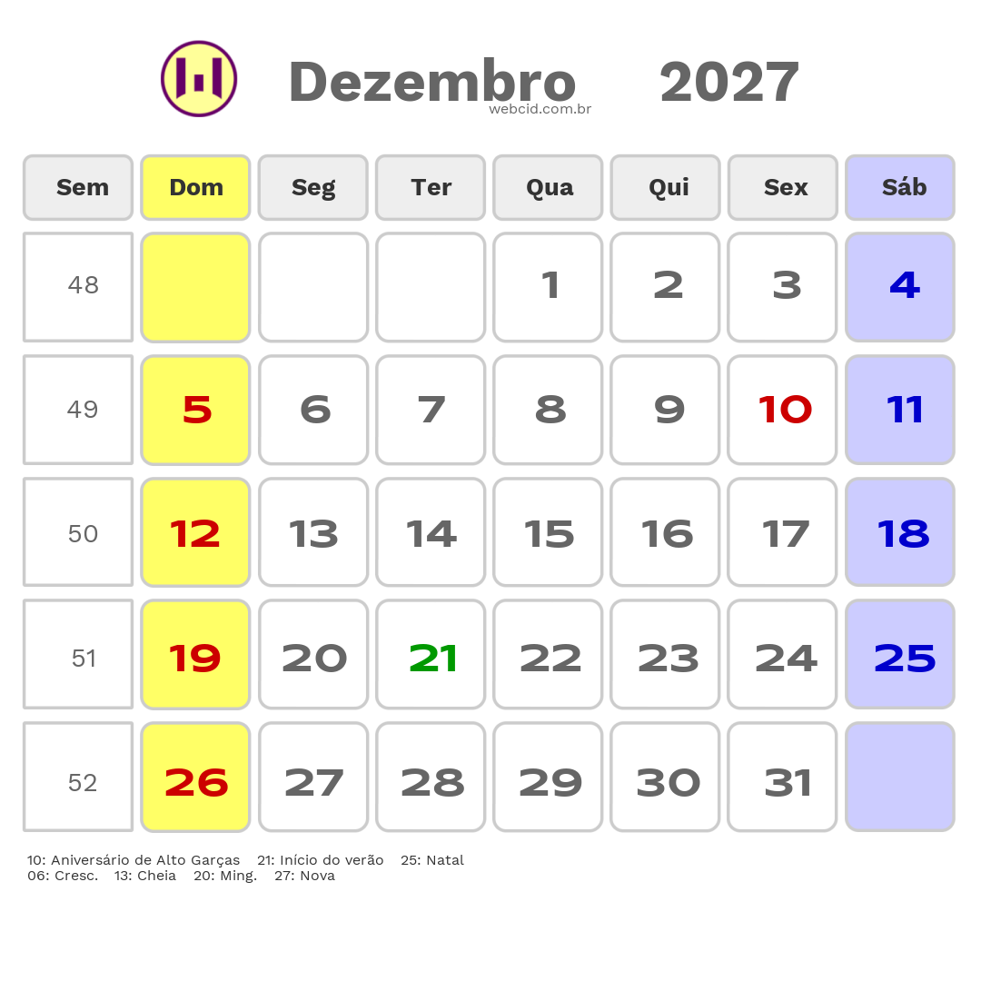 Calendário 2027 - Dezembro - Alto Garças-MT com feriados e fases da lua
