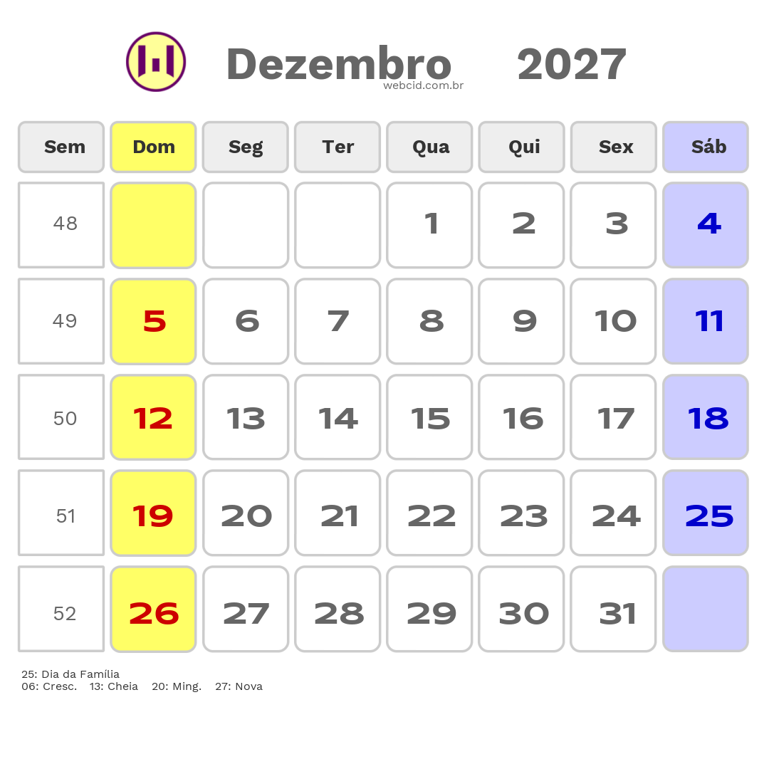 Calendário 2027 - Dezembro - Moçambique com feriados e fases da lua