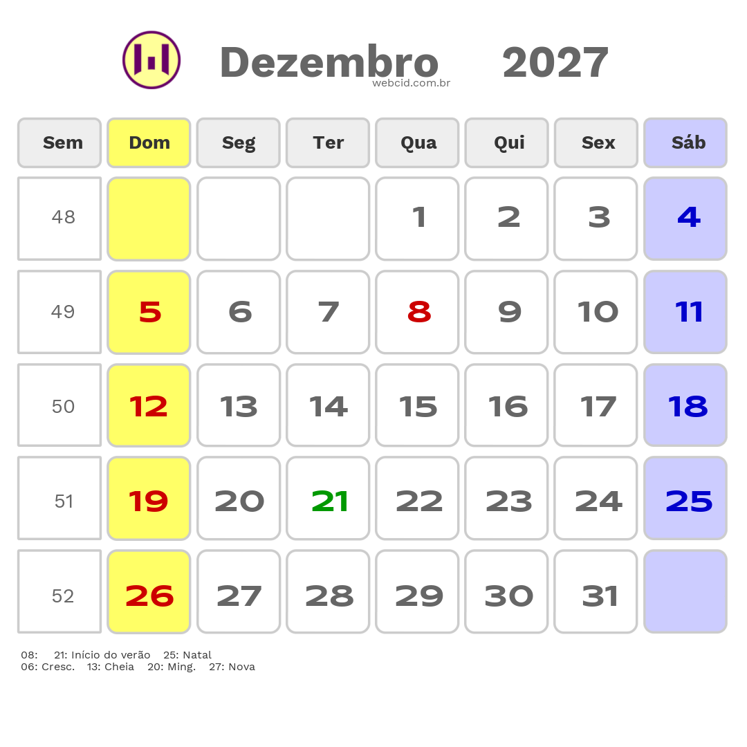 Calendário 2027 - Dezembro - Jacarau-PB com feriados e fases da lua