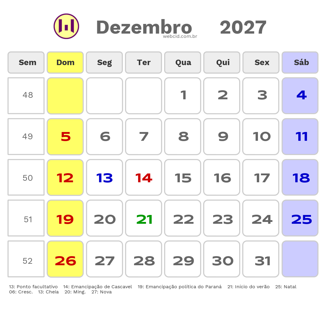 Calendário 2027 - Dezembro - Cascavel-PR com feriados e fases da lua