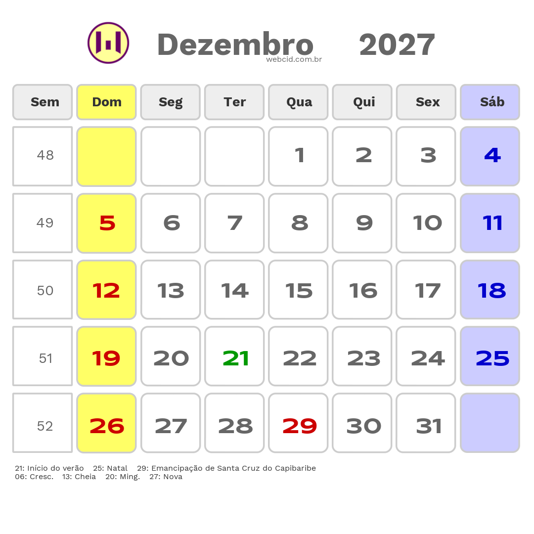 Calendário 2027 - Dezembro - Santa Cruz do Capibaribe-PE com feriados e fases da lua
