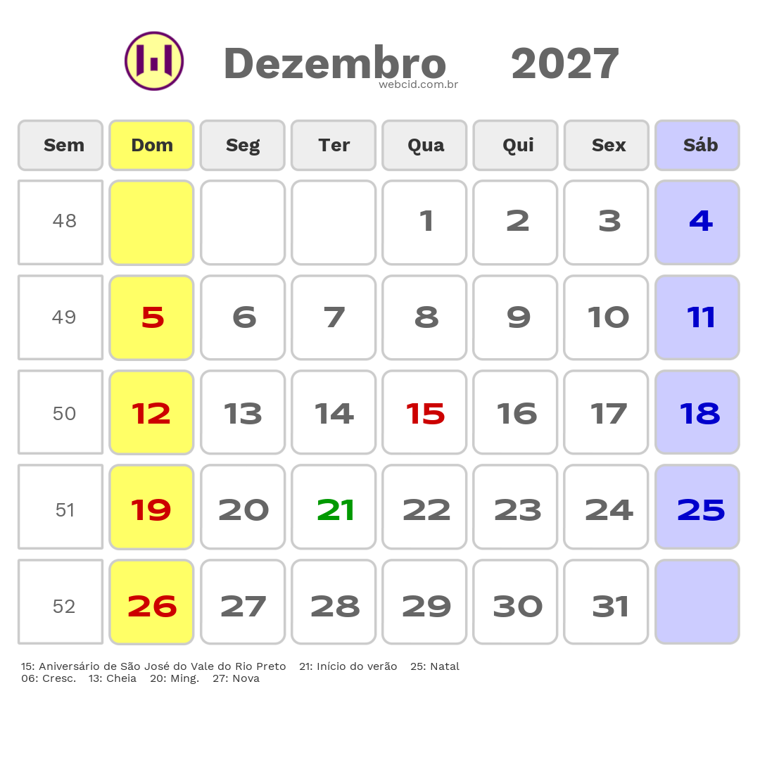 Calendário 2027 - Dezembro - São José do Vale do Rio Preto-RJ com feriados e fases da lua