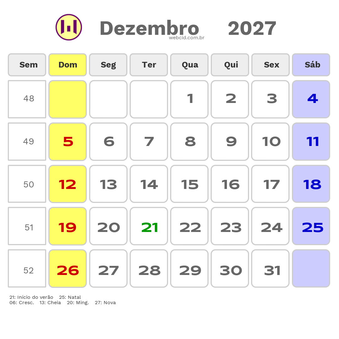 Calendário 2027 - Dezembro - Natal-RN com feriados e fases da lua