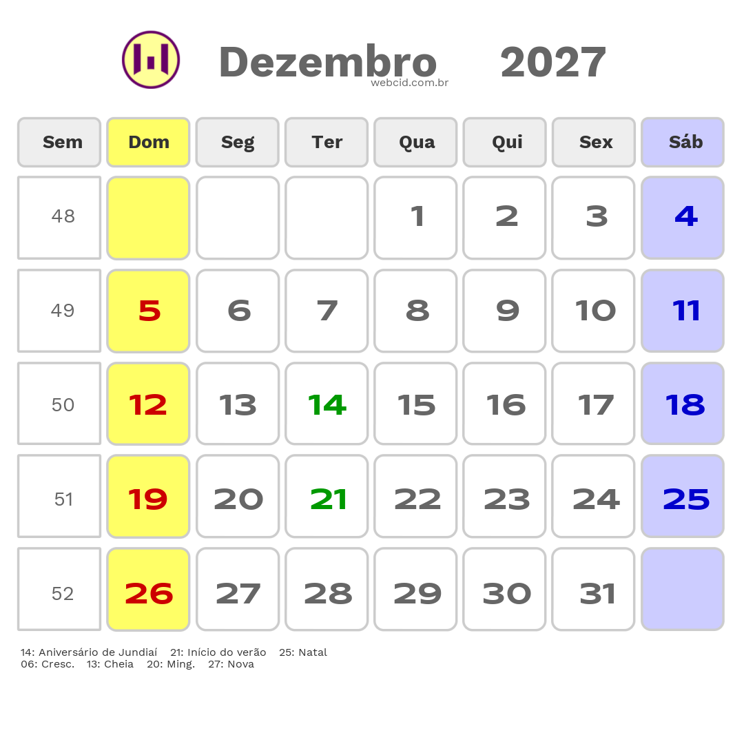 Calendário 2027 - Dezembro - Jundiaí-SP com feriados e fases da lua