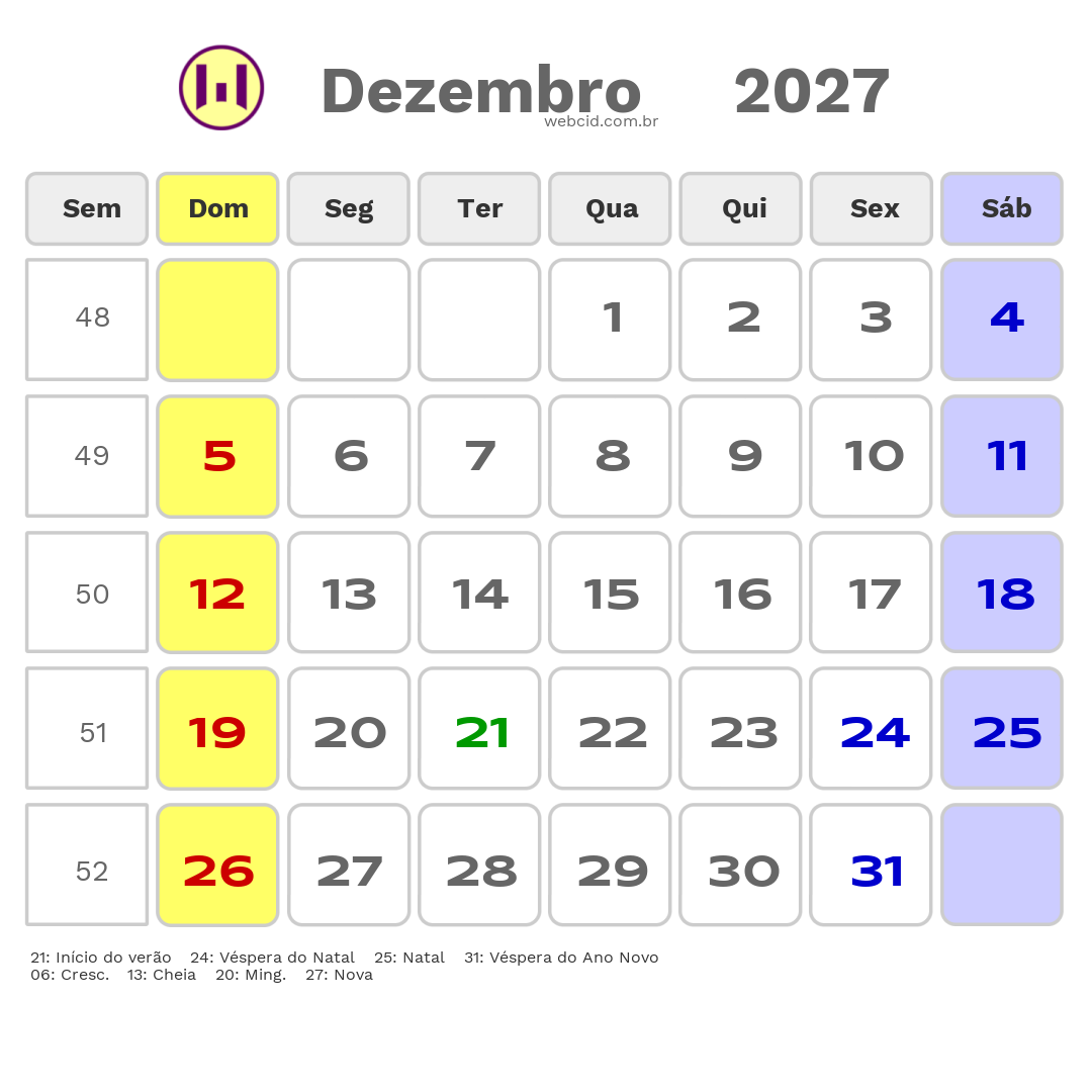 Calendário 2027 - Dezembro - São José dos Campos-SP com feriados e fases da lua