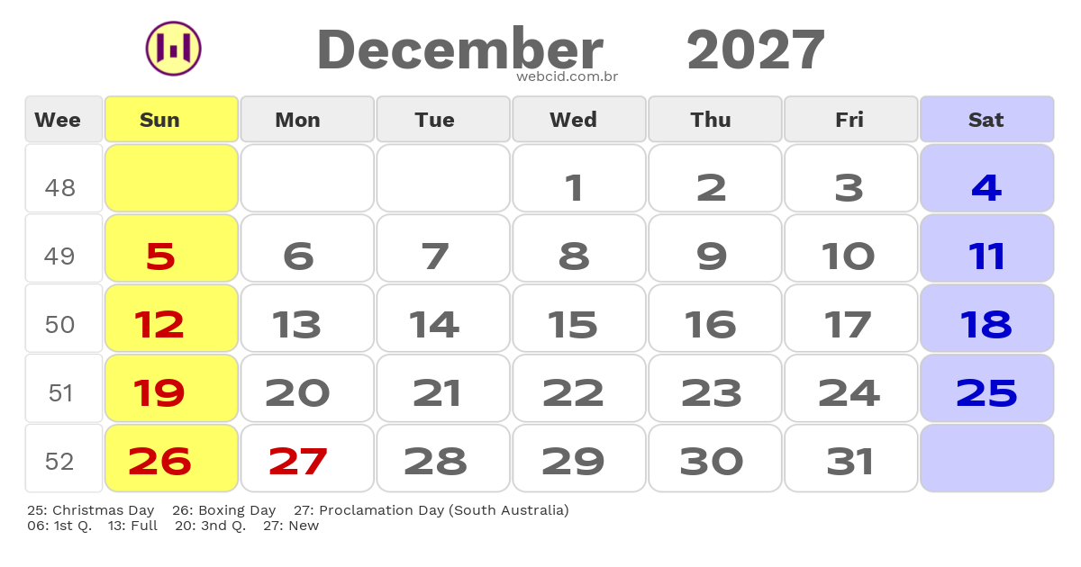 Calendar 2027 - December - Austrália com feriados e fases da lua
