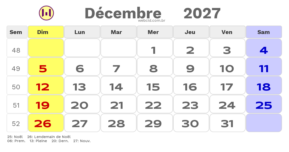 Calendrier 2027 - Décembre - La France com feriados e fases da lua